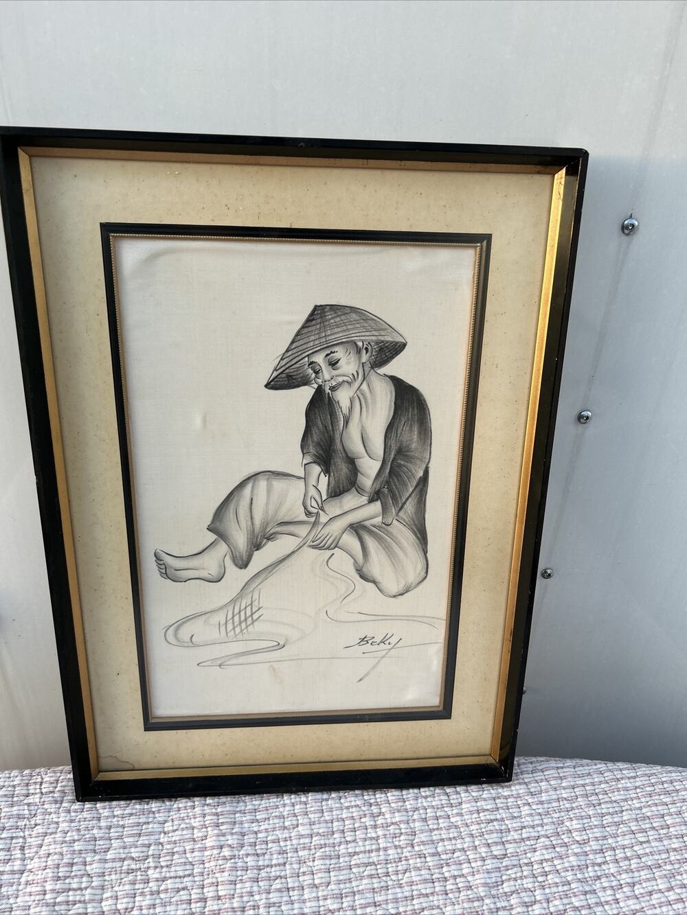 Artist BEKY Ink on Silk framed PAINTING of Asia Art